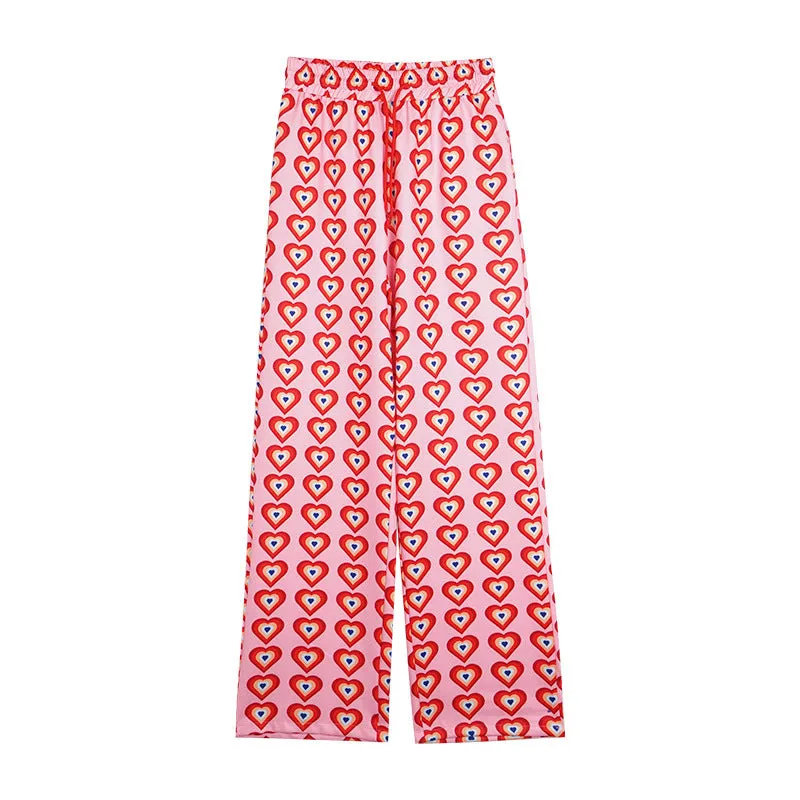 Thailand Popular Heart-Shaped Printed High Waist Drawstring Loose Slim-Look Drape Wide Leg Long Women Thin Pants