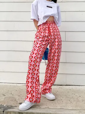 Thailand Popular Heart-Shaped Printed High Waist Drawstring Loose Slim-Look Drape Wide Leg Long Women Thin Pants