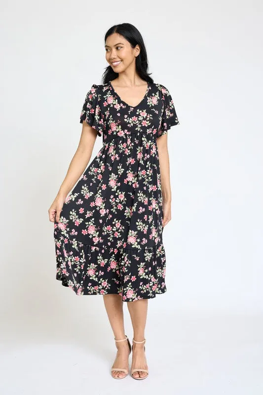 The Emma Floral Angel Sleeve Midi Dress