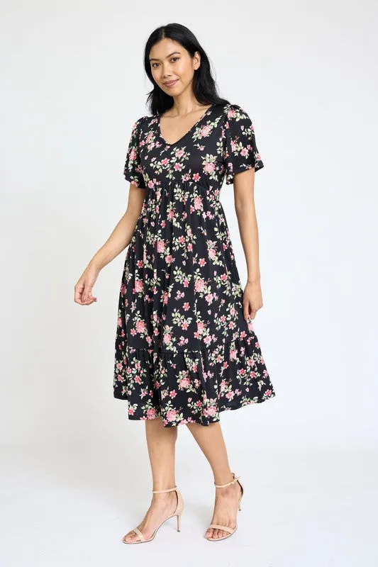 The Emma Floral Angel Sleeve Midi Dress