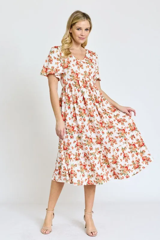 The Emma Floral Angel Sleeve Midi Dress