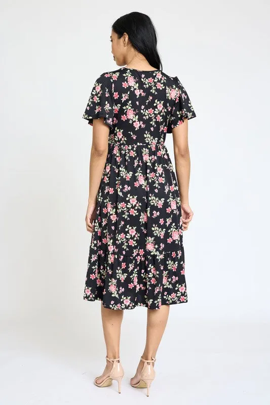 The Emma Floral Angel Sleeve Midi Dress