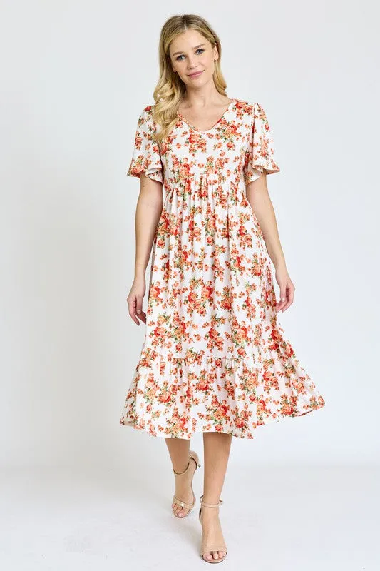 The Emma Floral Angel Sleeve Midi Dress