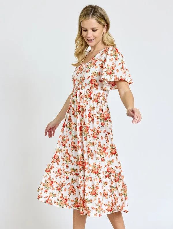 The Emma Floral Angel Sleeve Midi Dress