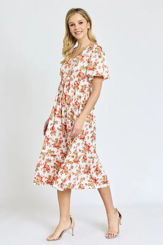 The Emma Floral Angel Sleeve Midi Dress