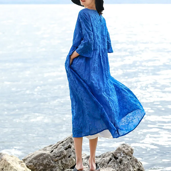 vintage blue natural silk linen dress Loose fitting O neck silk linen clothing dresses women Three Quarter sleeve baggy dresses