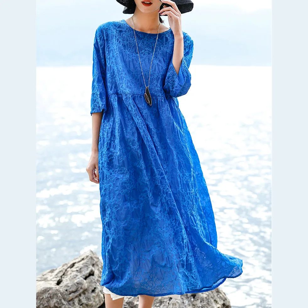 vintage blue natural silk linen dress Loose fitting O neck silk linen clothing dresses women Three Quarter sleeve baggy dresses