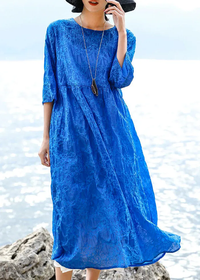 vintage blue natural silk linen dress Loose fitting O neck silk linen clothing dresses women Three Quarter sleeve baggy dresses