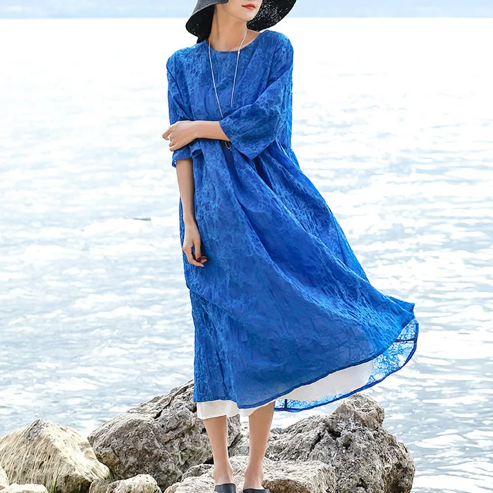 vintage blue natural silk linen dress Loose fitting O neck silk linen clothing dresses women Three Quarter sleeve baggy dresses