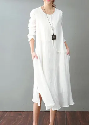 vintage white cotton linen maxi dress Loose fitting O neck baggy dresses New long sleeve patchwork dresses