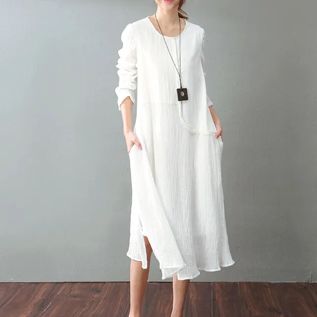 vintage white cotton linen maxi dress Loose fitting O neck baggy dresses New long sleeve patchwork dresses