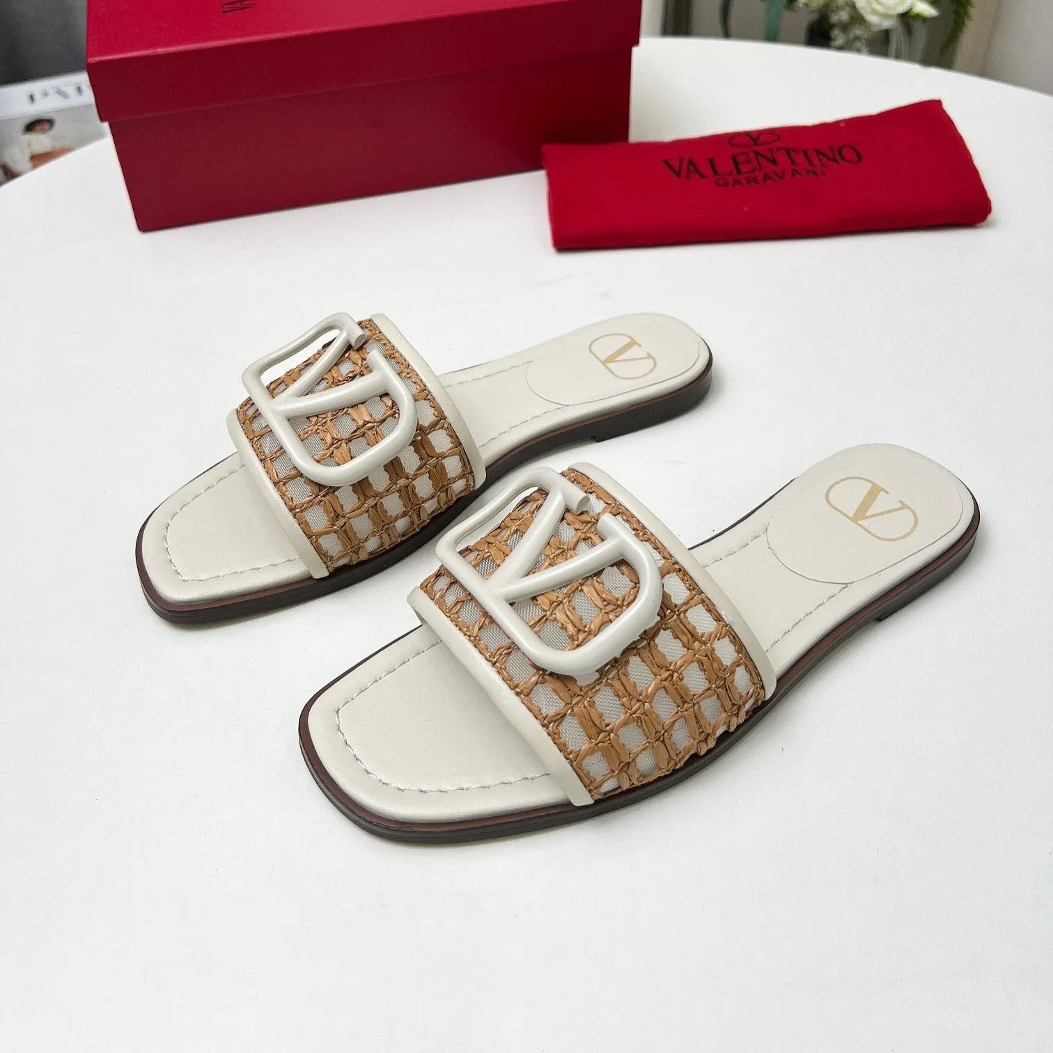 Vlogo embellished leather-trimmed raffia slides ivory