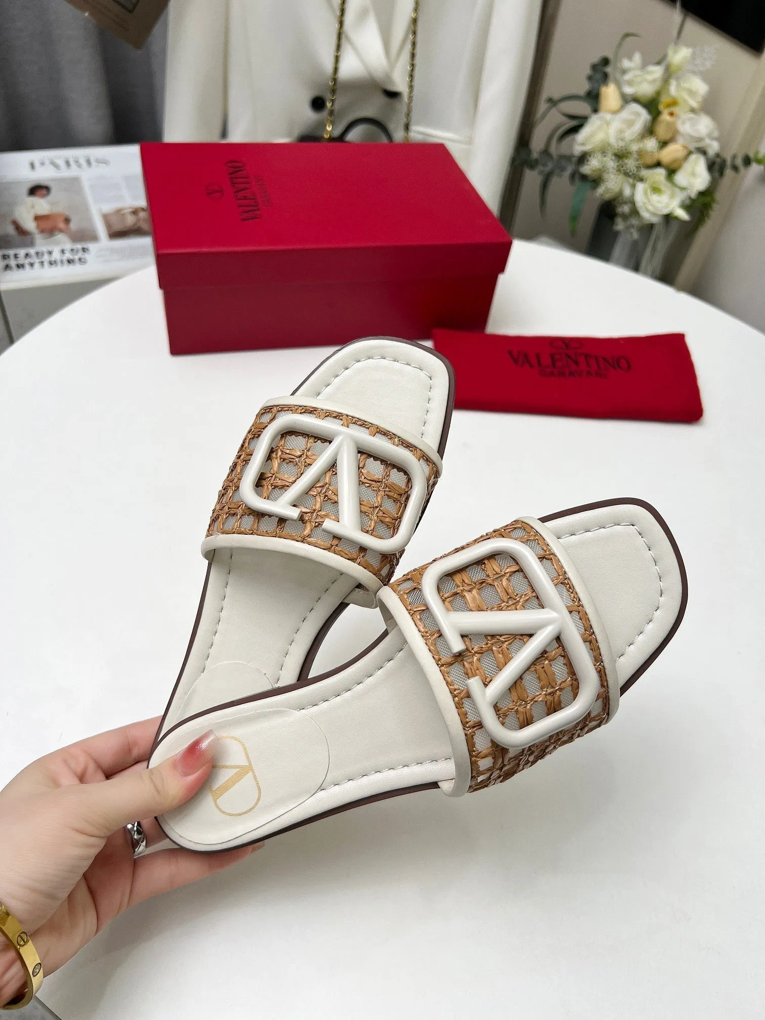 Vlogo embellished leather-trimmed raffia slides ivory