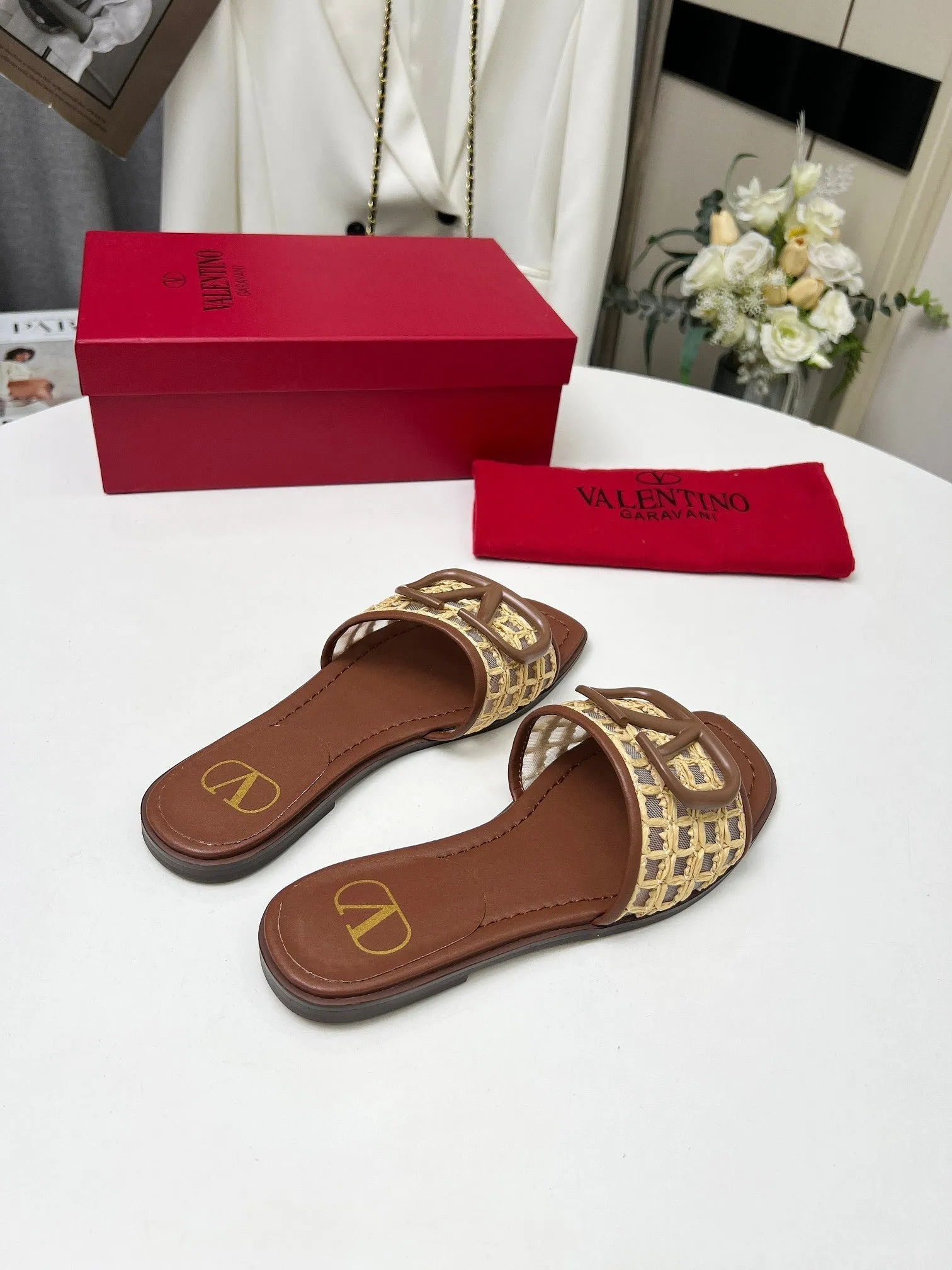 Vlogo embellished leather-trimmed raffia slides tan