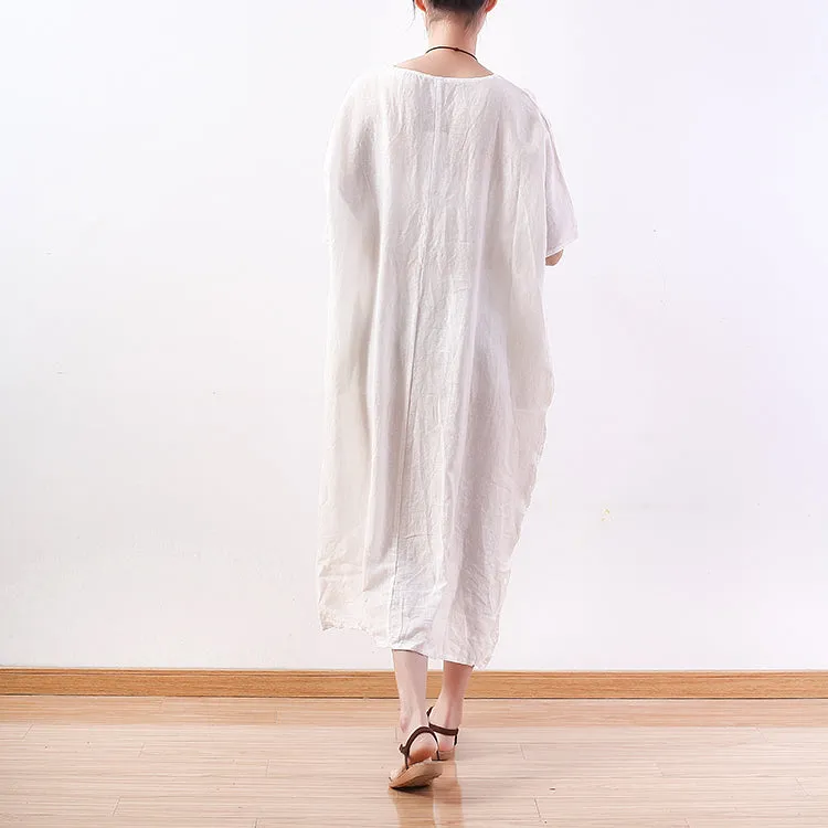 White Casual Linen Cotton Women Loose Fitting Short Sleeves Dresses Summer Long Women Dresses AMT962222