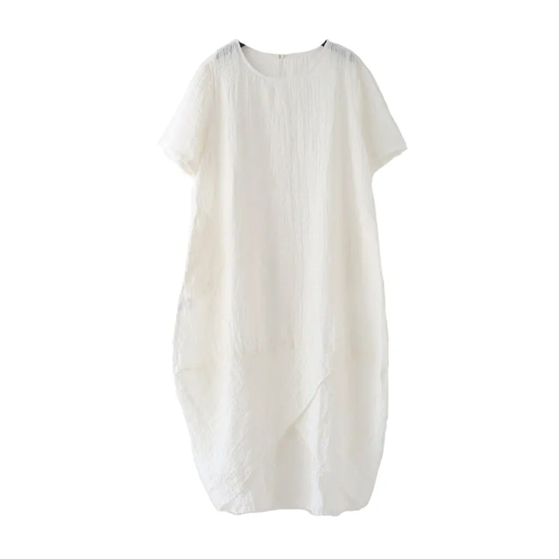 White Casual Linen Cotton Women Loose Short Sleeves Dresses Summer Irregular Long Women Dresses AMT962223