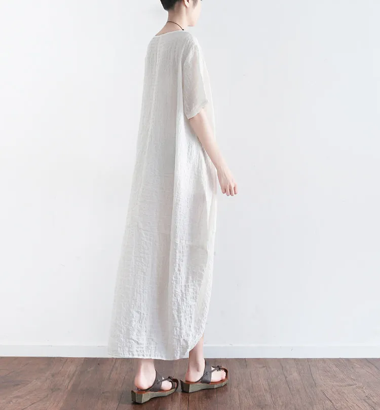 White Casual Linen Cotton Women Loose Short Sleeves Dresses Summer Irregular Long Women Dresses AMT962223