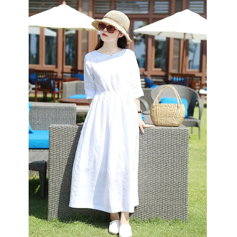 White Linen Women Dresses Spring Summer Women Dresses SMM96206