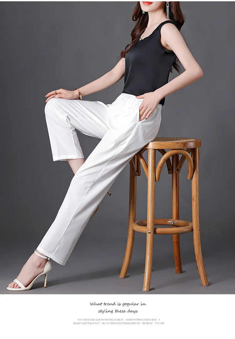 Wide Leg Pants Women Loose White Slim Look Casual Cotton Blend Ankle-Length Carrot Pants