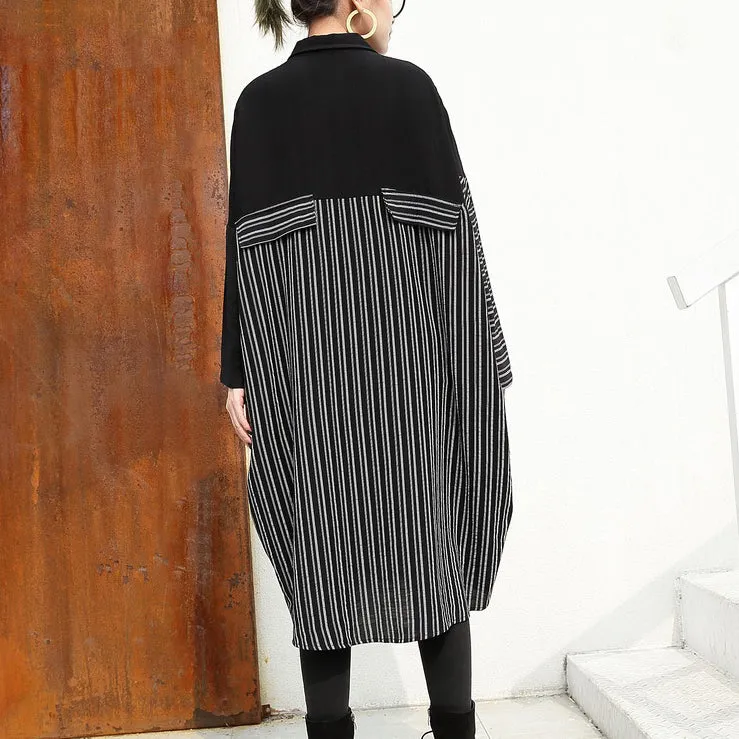 women black linen dresses Loose fitting linen clothing dresses fine patchwork striped cotton clothing