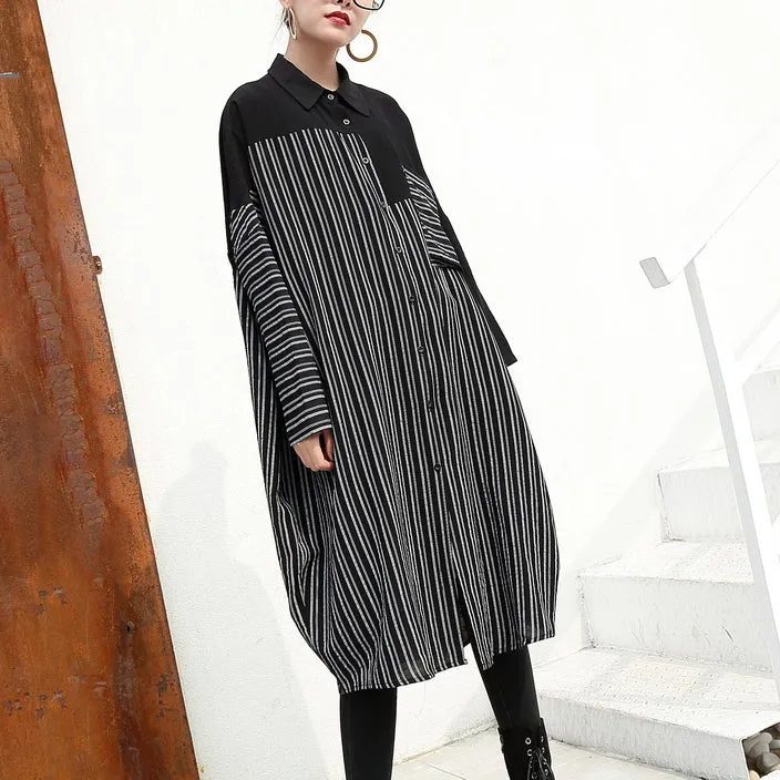 women black linen dresses Loose fitting linen clothing dresses fine patchwork striped cotton clothing