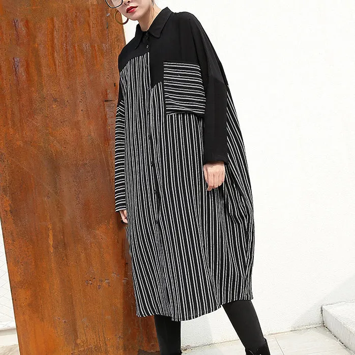 women black linen dresses Loose fitting linen clothing dresses fine patchwork striped cotton clothing