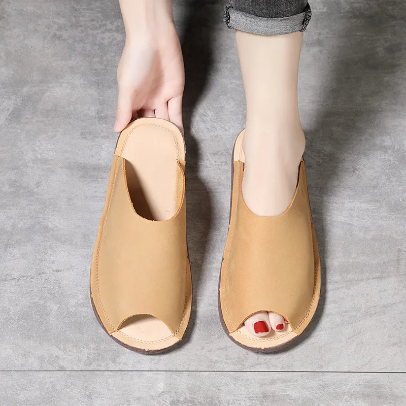 Women Retro Soft Cowhide Summer Flat Slides