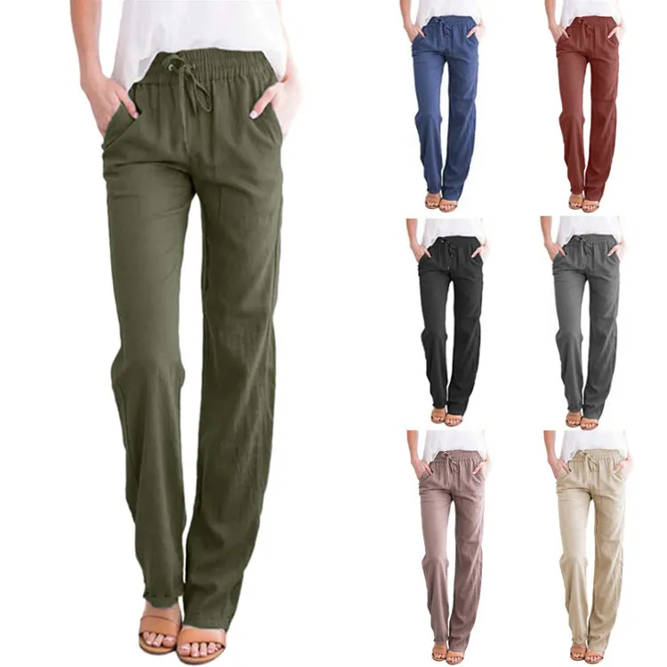 Women Solid Colored Cotton Blend Loose Drawstring Wide Leg Casual Long Pants