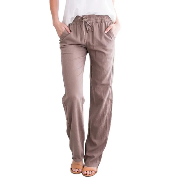 Women Solid Colored Cotton Blend Loose Drawstring Wide Leg Casual Long Pants