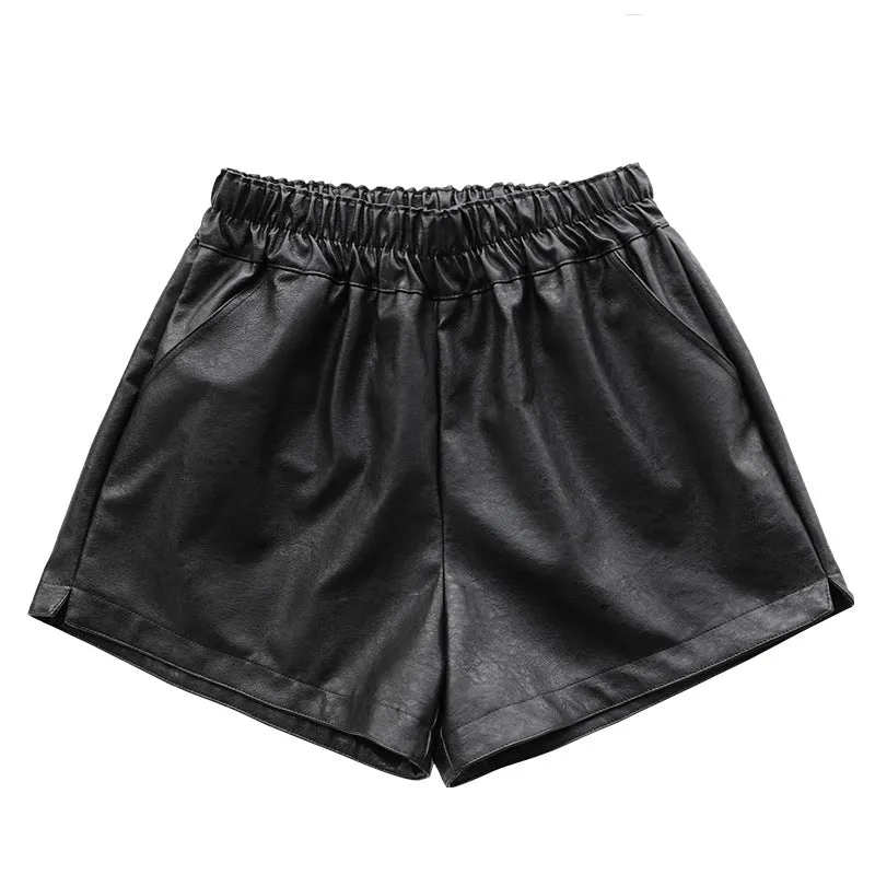 Women Trendy Loose Wide Leg A-Line All-Matching Slim-Look High Waist Leather Pants Outdoor Shorts