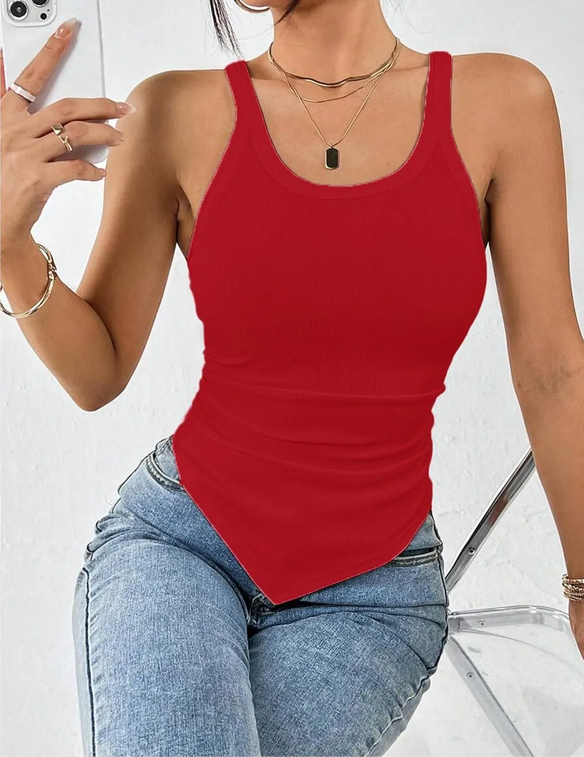 Zeagoo Ribbed Tank Tops 3 Pack Scoop Neck Ruched Shirts