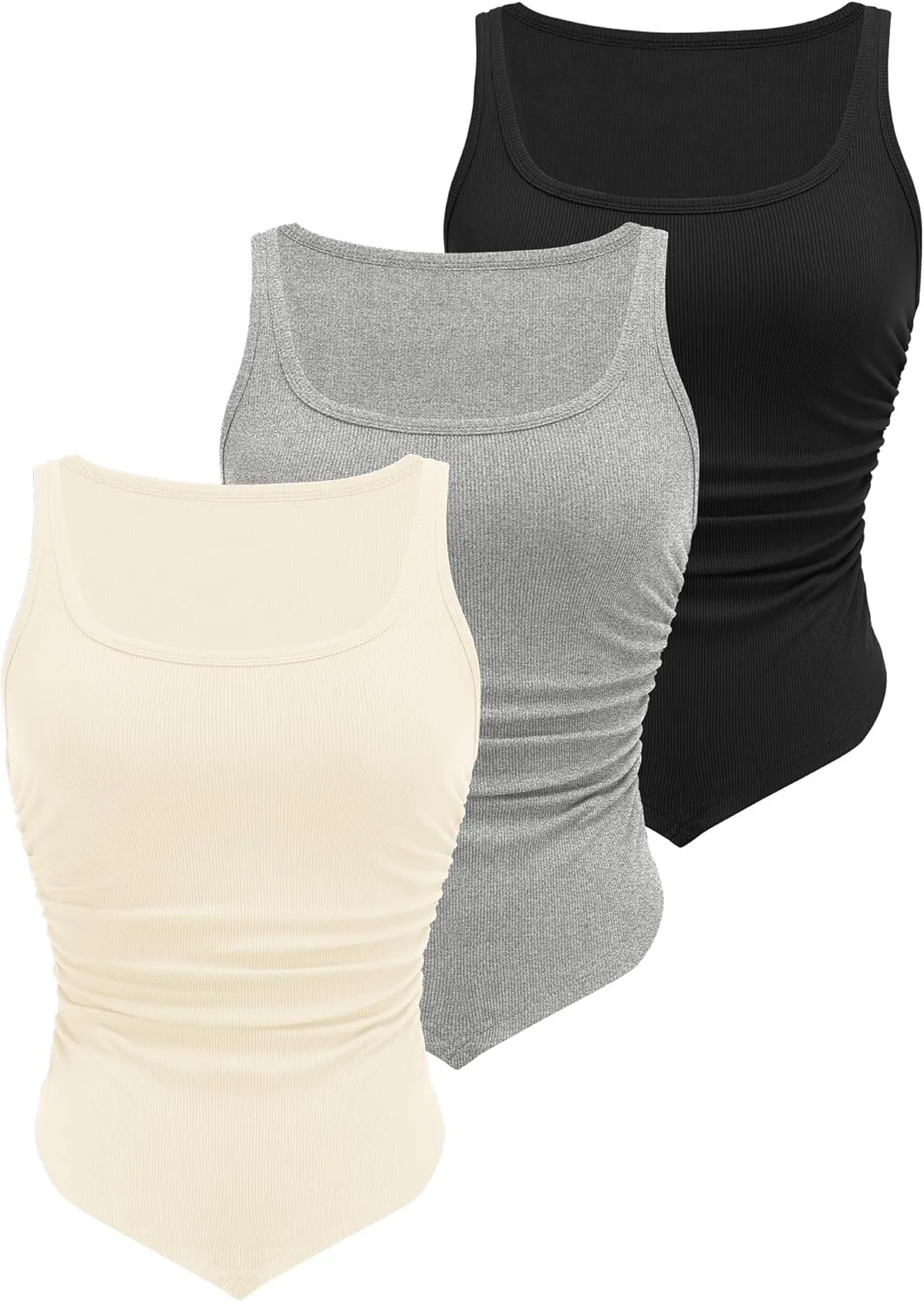 Zeagoo Ribbed Tank Tops 3 Pack Scoop Neck Ruched Shirts