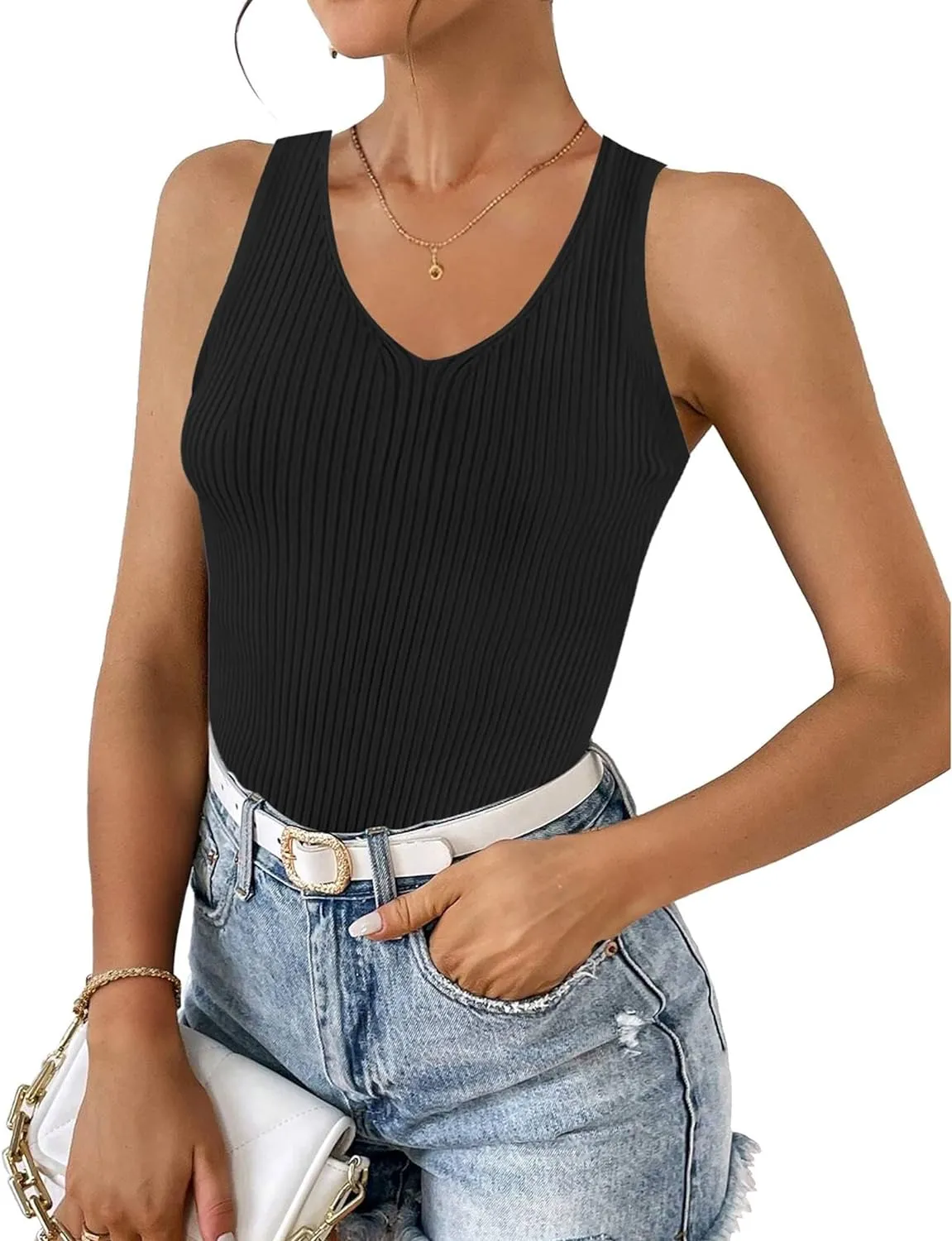 Zeagoo Womens Ribbed Tank Tops 2024 V Neck Slim Fit Knit Sleeveless Shirts Casual Basic Tee