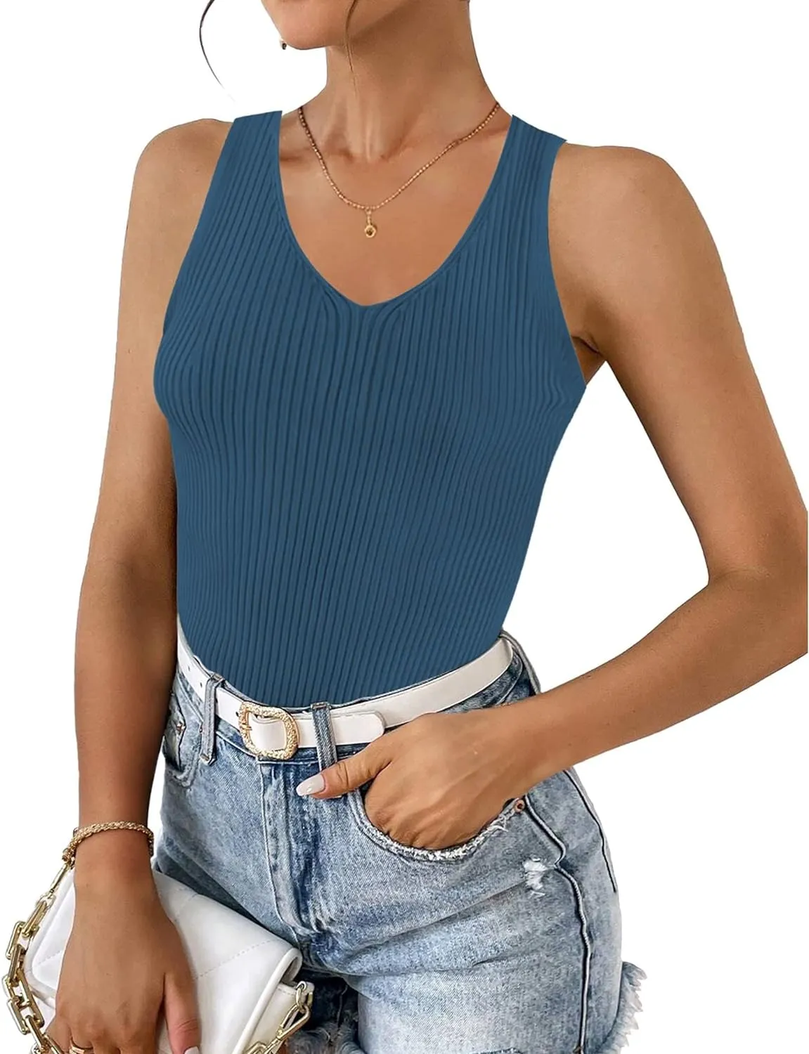 Zeagoo Womens Ribbed Tank Tops 2024 V Neck Slim Fit Knit Sleeveless Shirts Casual Basic Tee