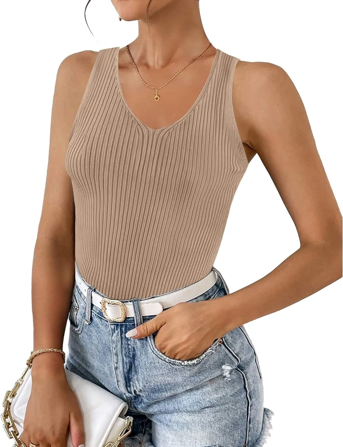 Zeagoo Womens Ribbed Tank Tops 2024 V Neck Slim Fit Knit Sleeveless Shirts Casual Basic Tee