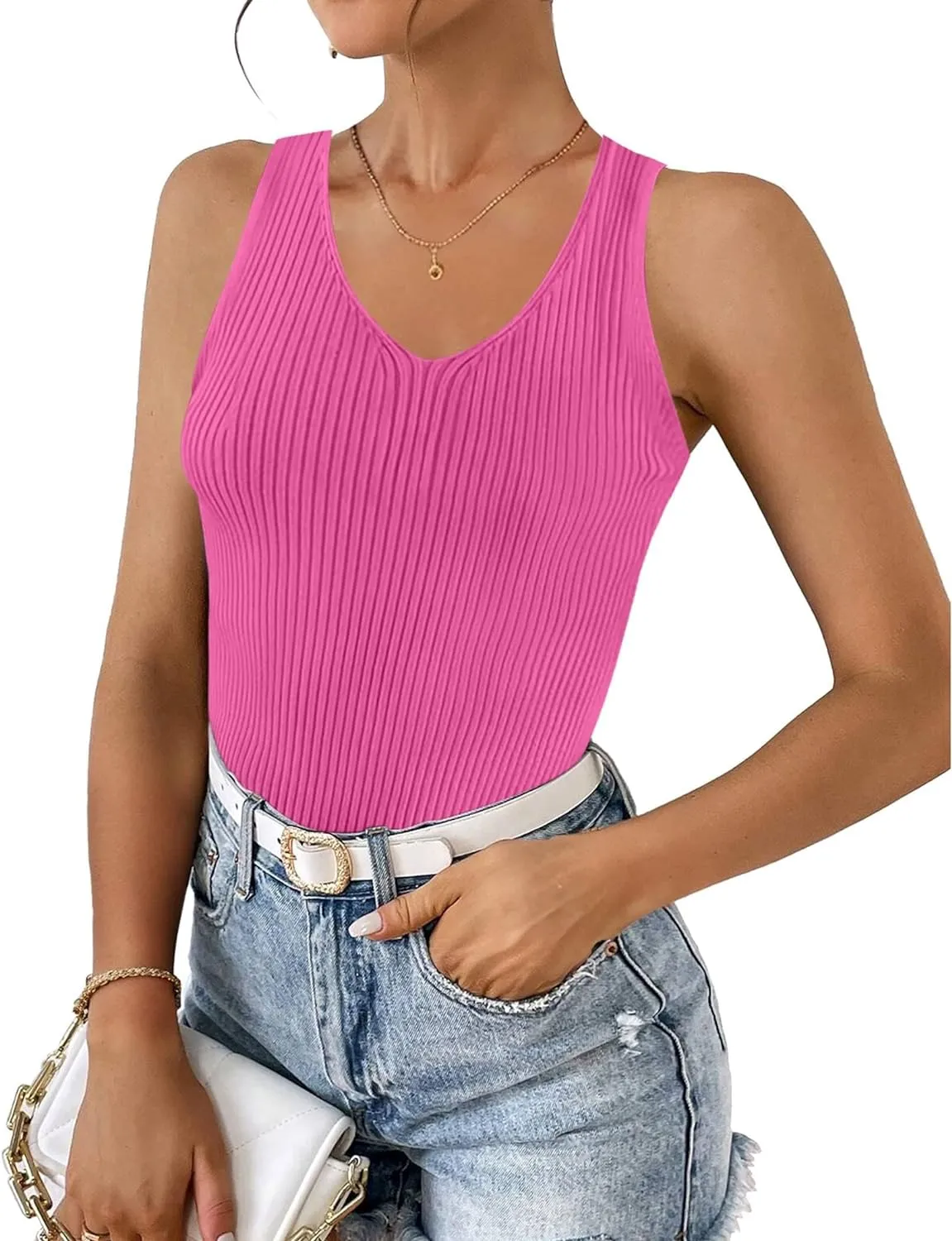 Zeagoo Womens Ribbed Tank Tops 2024 V Neck Slim Fit Knit Sleeveless Shirts Casual Basic Tee